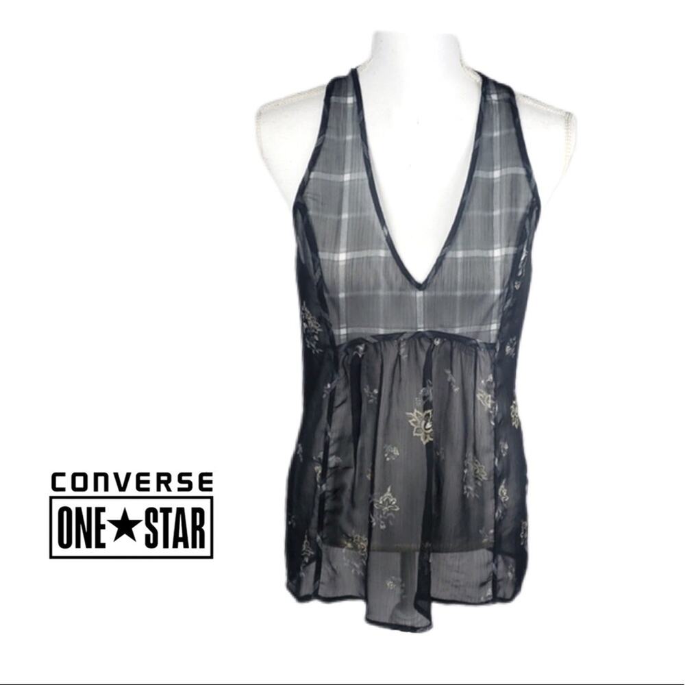 Converse Black Sheer Mixed Plaid Floral Sleeveless Top - small